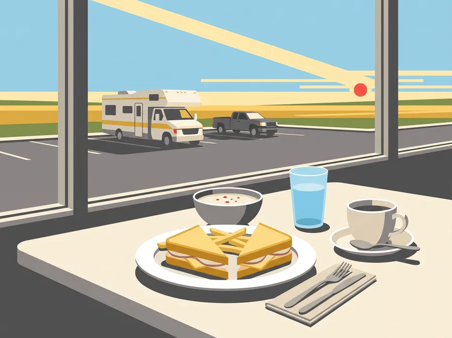 Flat illustration: a toasted sandwich, a bowl of soup, fries, water and coffee on a table by a window looking out at a parked motorhome.