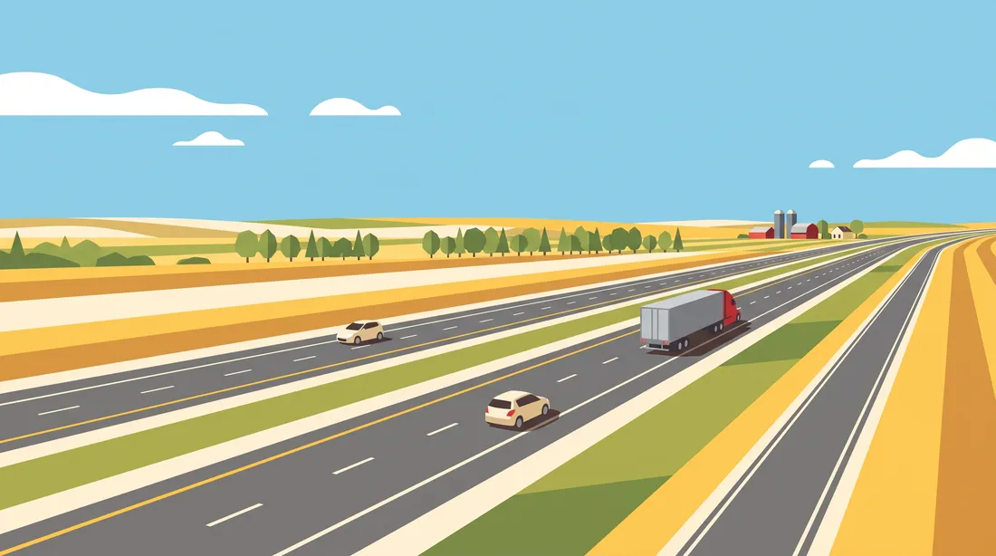 Flat illustration: a four-lane divided highway crossing golden prairie fields, with a truck and two cars, farm buildings and grain bins on the horizon.