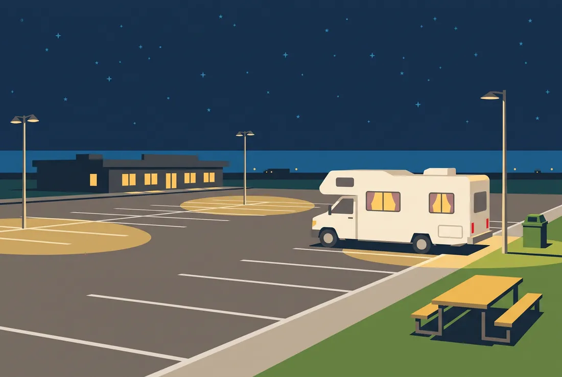 Flat illustration: a white motorhome parked at night at the edge of a large lit parking lot, with a picnic table and a green bin beside it.